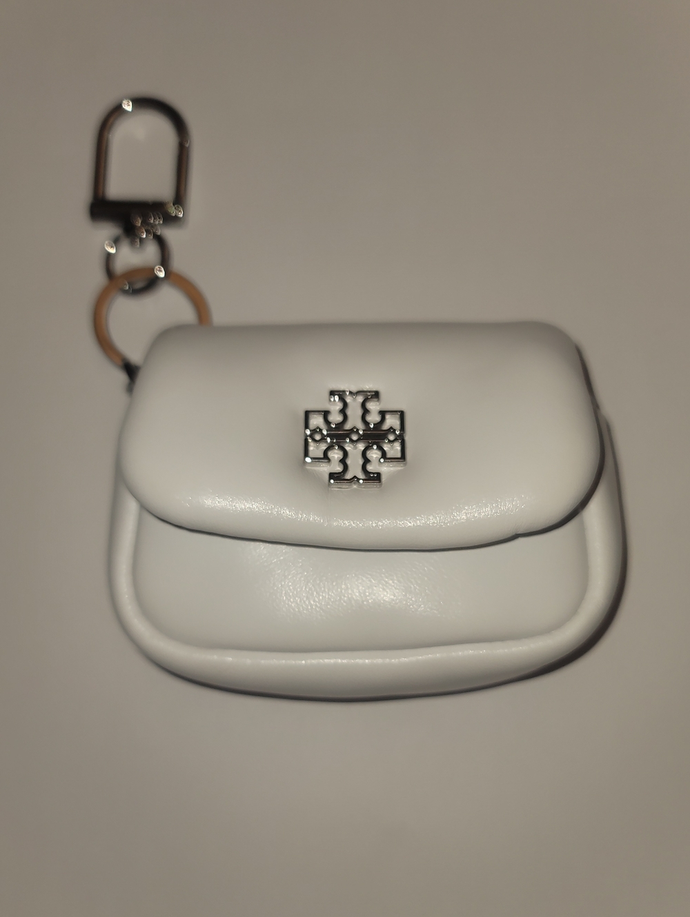 Tory Burch White Leather Mini Key Pouch with Logo Hardware
